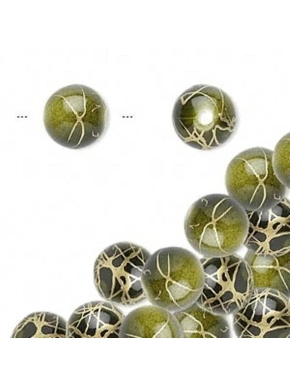 50 Peridot Green with Gold Swirls 10mm Round Retro Fancy Acrylic Beads Lot